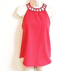 Monteau High Lattice Neck Solid Coral Pink Tank Top Women’s Medium Stretchy
